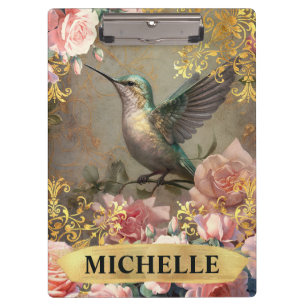 Watercolor Vintage White Hummingbird & Pink Roses Clipboard