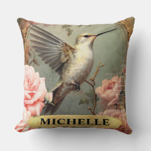 Watercolor Vintage White Hummingbird & Pink Roses Cushion