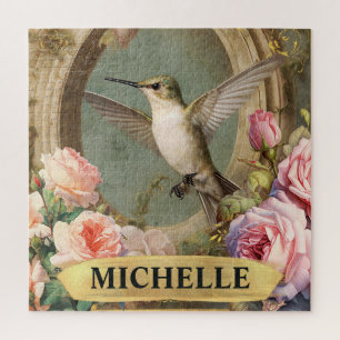 Watercolor Vintage White Hummingbird & Pink Roses Jigsaw Puzzle