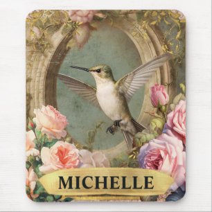 Watercolor Vintage White Hummingbird & Pink Roses Mouse Mat