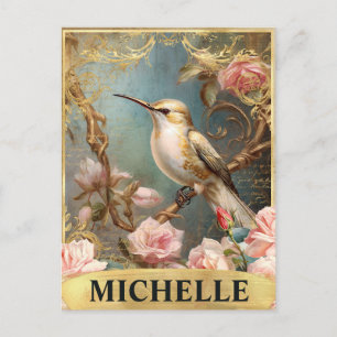 Watercolor Vintage White Hummingbird & Pink Roses Postcard