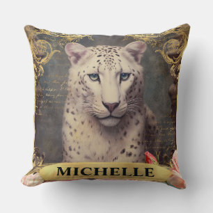 Watercolor Vintage White Leopard and Pink Roses Cushion