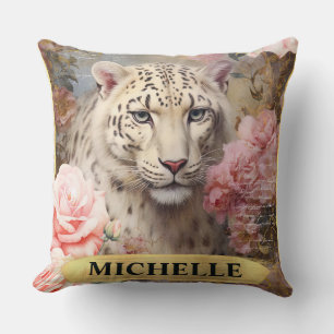 Watercolor Vintage White Leopard and Pink Roses Cushion