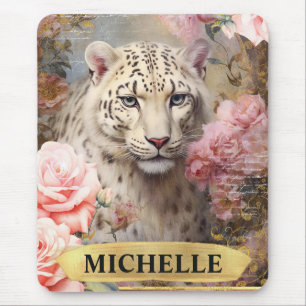 Watercolor Vintage White Leopard and Pink Roses Mouse Mat