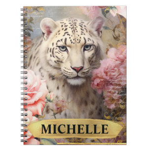 Watercolor Vintage White Leopard and Pink Roses Notebook