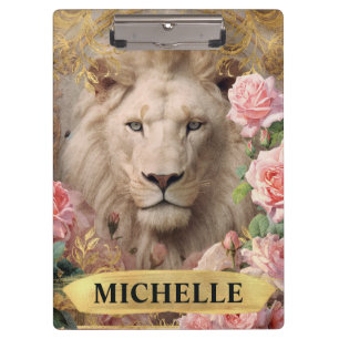 Watercolor Vintage White Lion and Pink Roses Clipboard