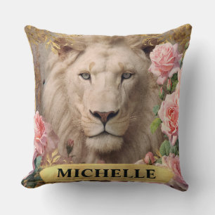 Watercolor Vintage White Lion and Pink Roses Cushion