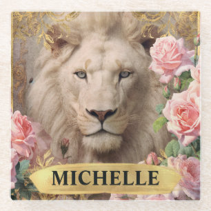 Watercolor Vintage White Lion and Pink Roses Glass Coaster