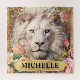 Watercolor Vintage White Lion and Pink Roses Jigsaw Puzzle
