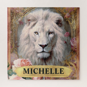 Watercolor Vintage White Lion and Pink Roses Jigsaw Puzzle