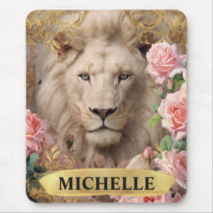 Watercolor Vintage White Lion and Pink Roses Mouse Mat