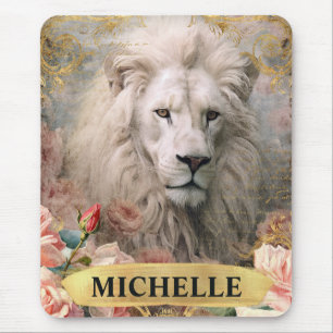 Watercolor Vintage White Lion and Pink Roses Mouse Mat