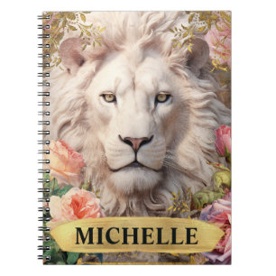 Watercolor Vintage White Lion and Pink Roses Notebook