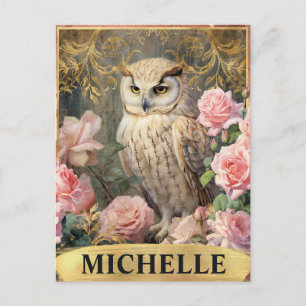 Watercolor Vintage White Owl and Pink Roses Postcard