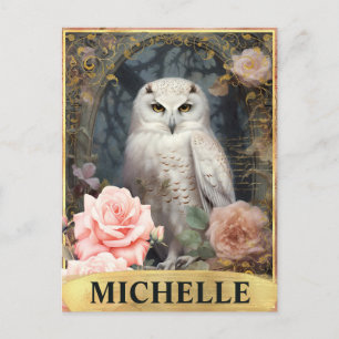 Watercolor Vintage White Owl and Pink Roses Postcard