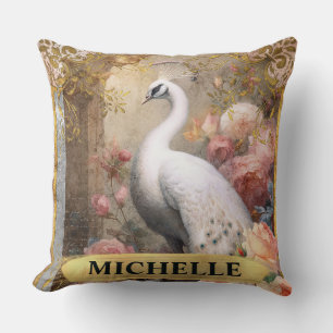 Watercolor Vintage White Peacock and Pink Roses Cushion