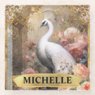 Watercolor Vintage White Peacock and Pink Roses Glass Coaster