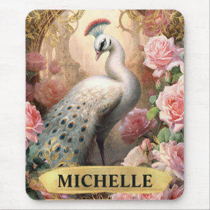 Watercolor Vintage White Peacock and Pink Roses Mouse Mat