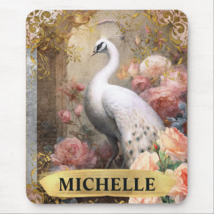 Watercolor Vintage White Peacock and Pink Roses Mouse Mat