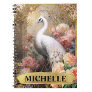 Watercolor Vintage White Peacock and Pink Roses Notebook
