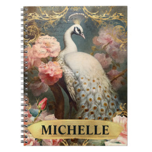 Watercolor Vintage White Peacock and Pink Roses Notebook