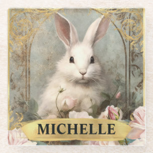 Watercolor Vintage White Rabbit and Pink Roses Glass Coaster