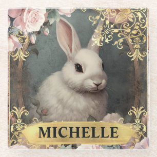 Watercolor Vintage White Rabbit and Pink Roses Glass Coaster