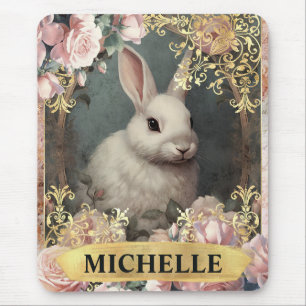 Watercolor Vintage White Rabbit and Pink Roses Mouse Mat