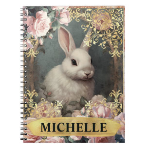 Watercolor Vintage White Rabbit and Pink Roses Notebook