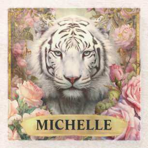 Watercolor Vintage White Tiger and Pink Roses Glass Coaster
