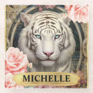 Watercolor Vintage White Tiger and Pink Roses Glass Coaster