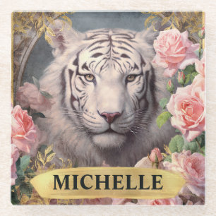 Watercolor Vintage White Tiger and Pink Roses Glass Coaster