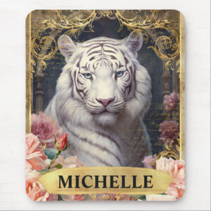 Watercolor Vintage White Tiger and Pink Roses Mouse Mat