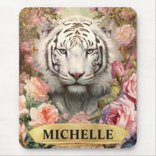 Watercolor Vintage White Tiger and Pink Roses Mouse Mat