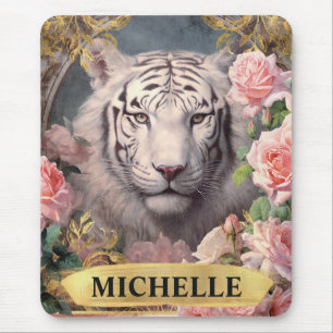 Watercolor Vintage White Tiger and Pink Roses Mouse Mat