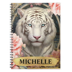 Watercolor Vintage White Tiger and Pink Roses Notebook