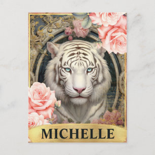 Watercolor Vintage White Tiger and Pink Roses Postcard