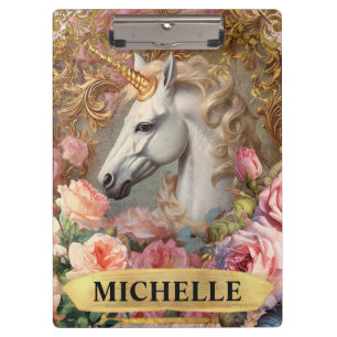 Watercolor Vintage White Unicorn and Pink Roses Clipboard