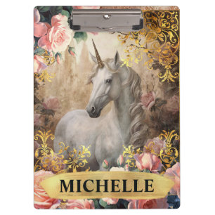 Watercolor Vintage White Unicorn and Pink Roses Clipboard