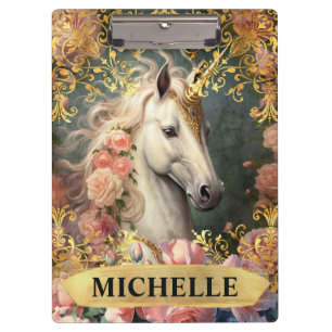 Watercolor Vintage White Unicorn and Pink Roses Clipboard