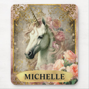 Watercolor Vintage White Unicorn and Pink Roses Mouse Mat