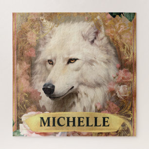 Watercolor Vintage White Wolf and Pink Roses Jigsaw Puzzle