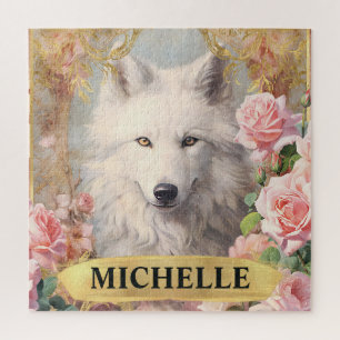 Watercolor Vintage White Wolf and Pink Roses Jigsaw Puzzle