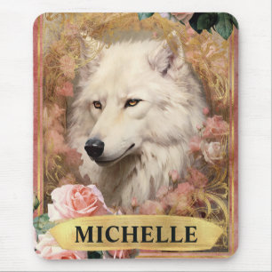 Watercolor Vintage White Wolf and Pink Roses Mouse Mat