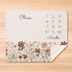 Watercolor Vintage Wildflower Baby Milestone Sherpa Blanket