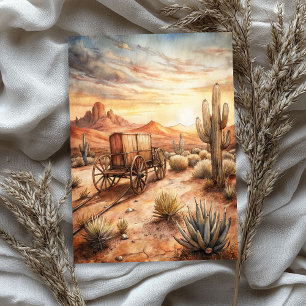 Watercolor vintage wooden cart in a prairie desert tissue paper