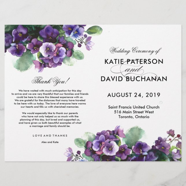 Watercolor viola flower wedding program (Front)