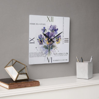Watercolor Viola Tricolor Pansies Square Wall Clock