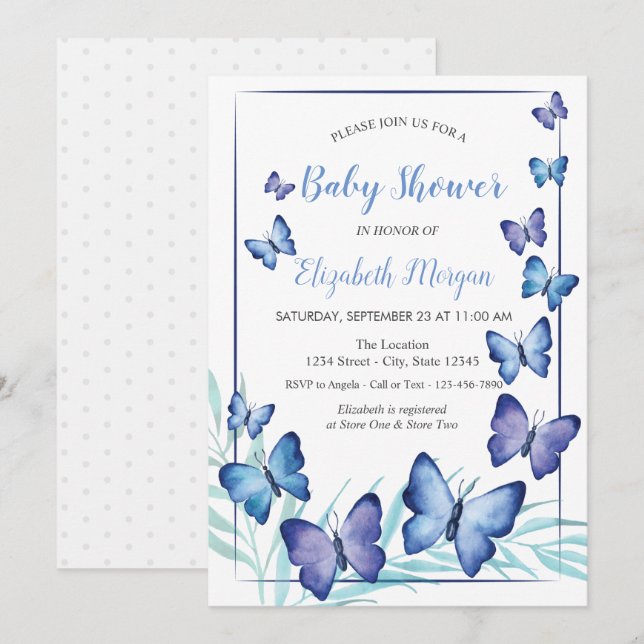 Watercolor Violet Butterflies Dots Baby Shower  Invitation (Front/Back)