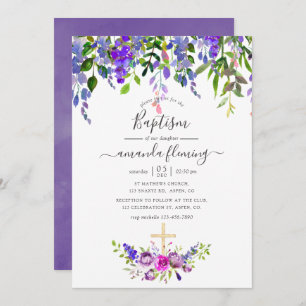 Watercolor Violet Floral Baptism Invitation